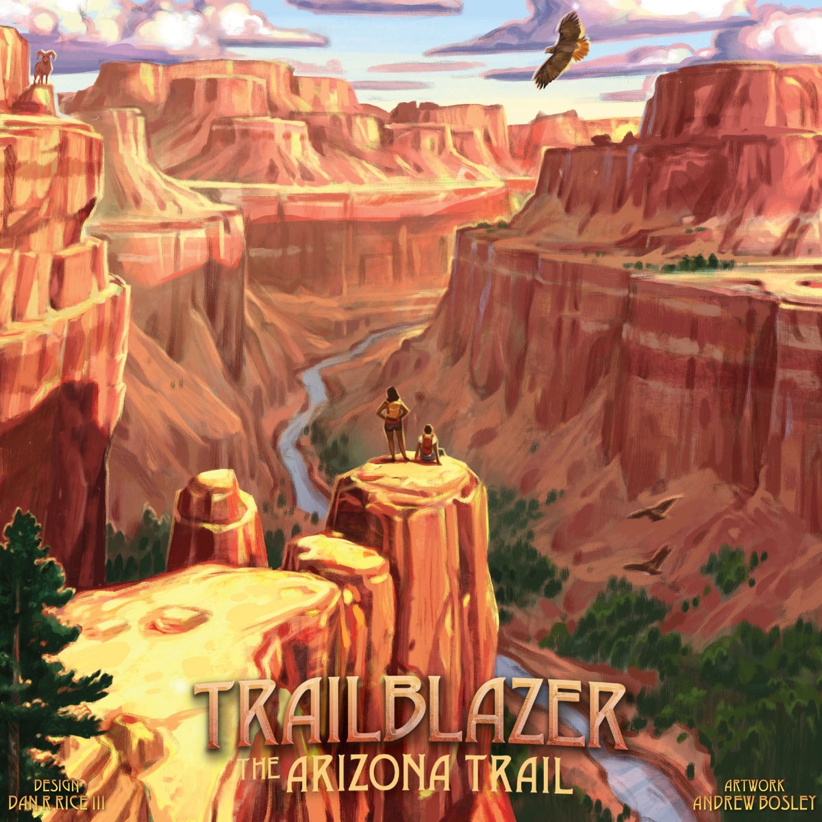 Two hikers overlook a vast, sunlit canyon with a winding river and a soaring eagle. Titled "TRAILBLAZER THE ARIZONA TRAIL"