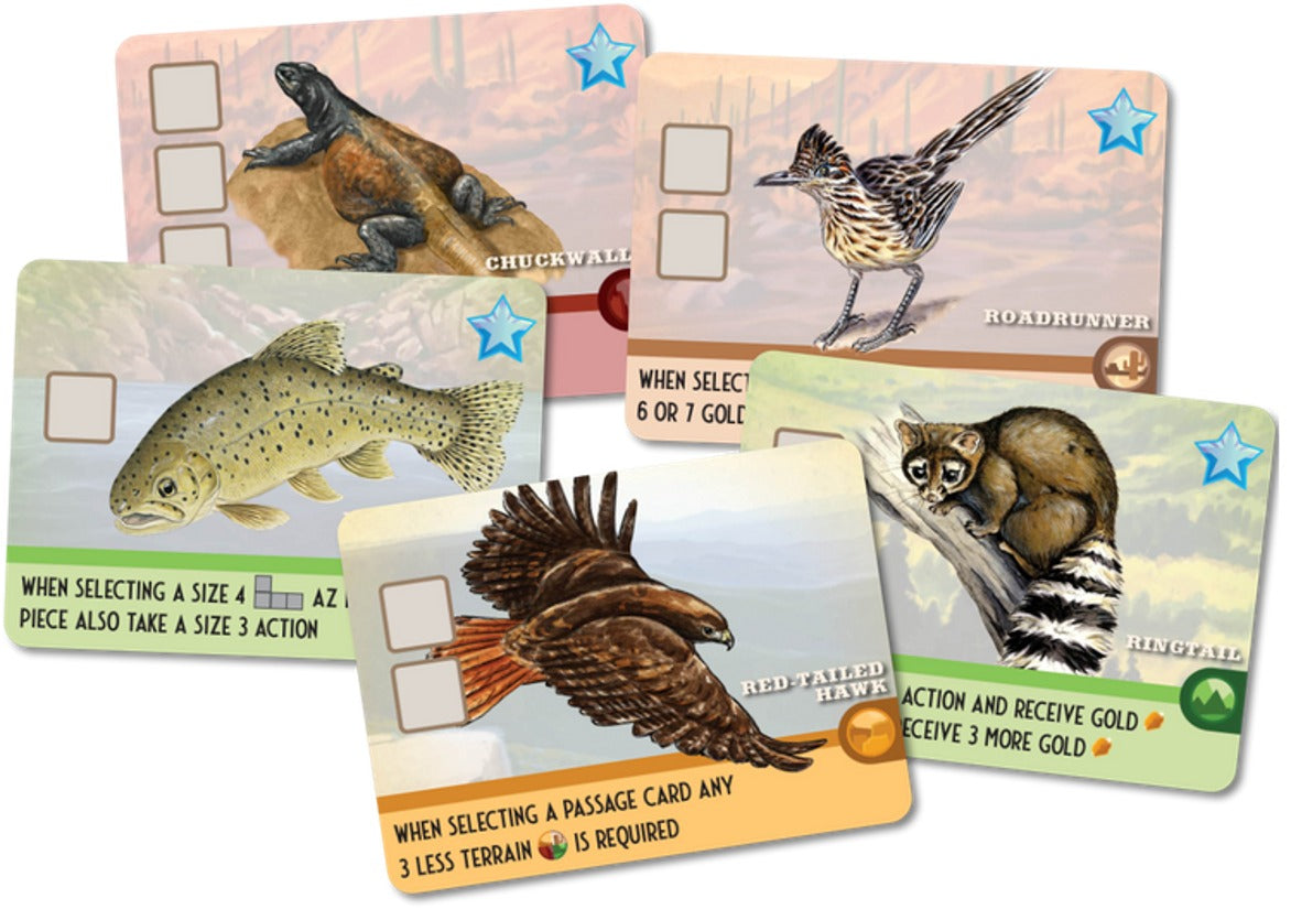 Five overlapping nature game cards showing illustrated animals: chuckwalla, roadrunner, trout, hawk, and ringtail