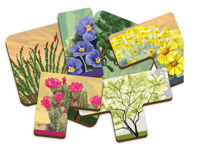 Several overlapping game tiles, each illustrated with different plants, including flowers, cacti, and trees