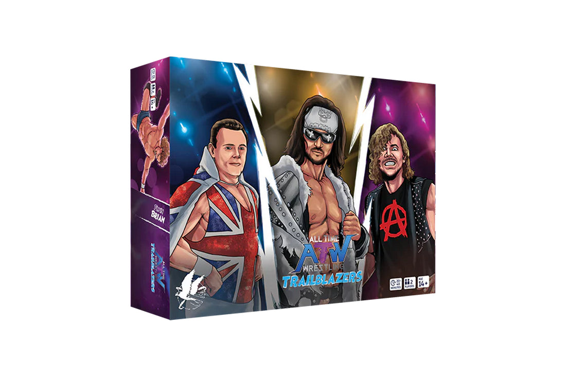 Game box for AEW All Time Wrestling Trailblazers featuring three illustrated wrestlers on the cover