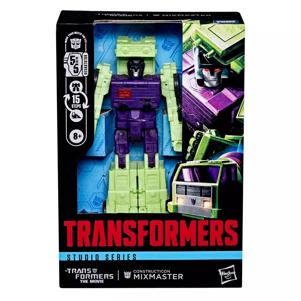 Packaged Transformers Studio Series Constructicon Mixmaster action figure (Devastator 5 of 5), showing the purple and lime green robot mode