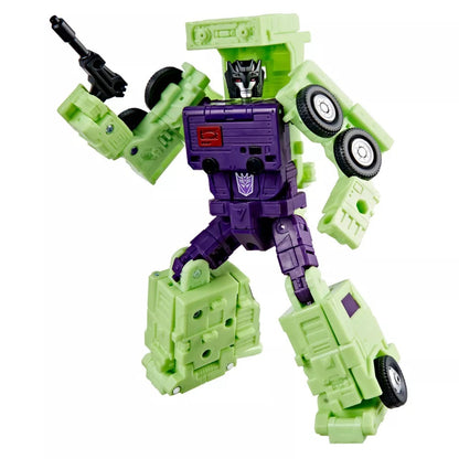 Transformers Constructicon Scrapper action figure in bright green and purple, holding a black blaster gun on a white background
