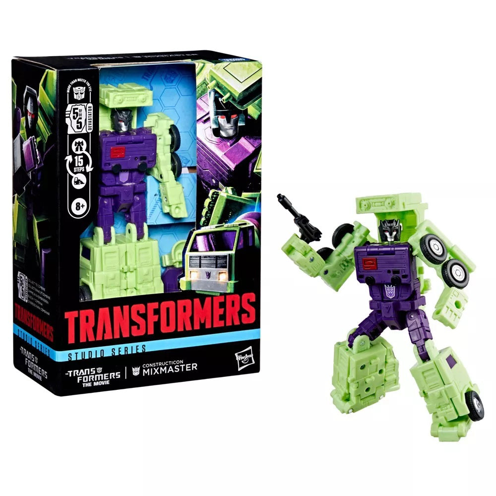 Transformers Studio Series Constructicon Mixmaster toy in green and purple, shown in package and as a posed robot figure
