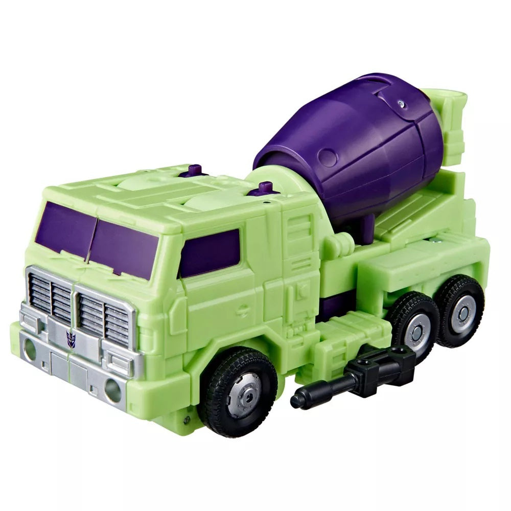 Green and purple toy concrete mixer truck, a Transformer vehicle mode, on a white background