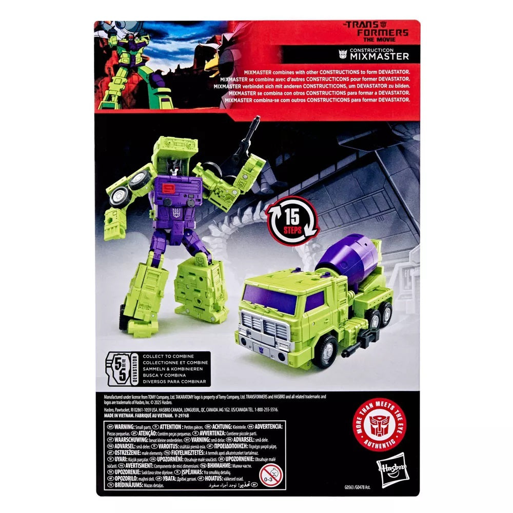 Constructicon Mixmaster Transformers toy packaging, displaying the green and purple robot form and the cement mixer truck vehicle mode