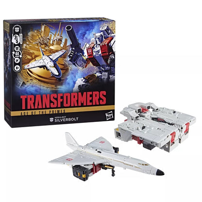 Transformers Silverbolt toy set: its colorful box, a gray jet, and a gray block component