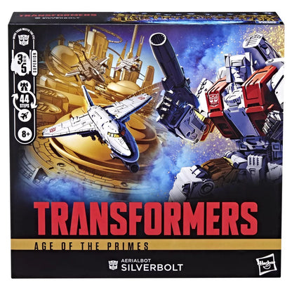 Transformers Aerialbot Silverbolt box art: red & white robot with a gun, and its white jet form, above a futuristic city