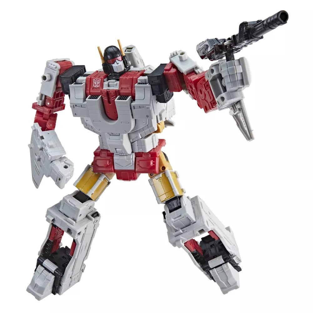 White, red, and grey Autobot Transformer in a dynamic pose, holding a black blaster
