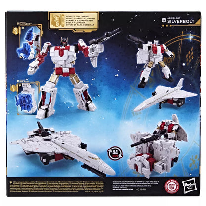 Transformers Silverbolt toy shown as a large combiner torso, its individual robot/jet modes, and other component figures