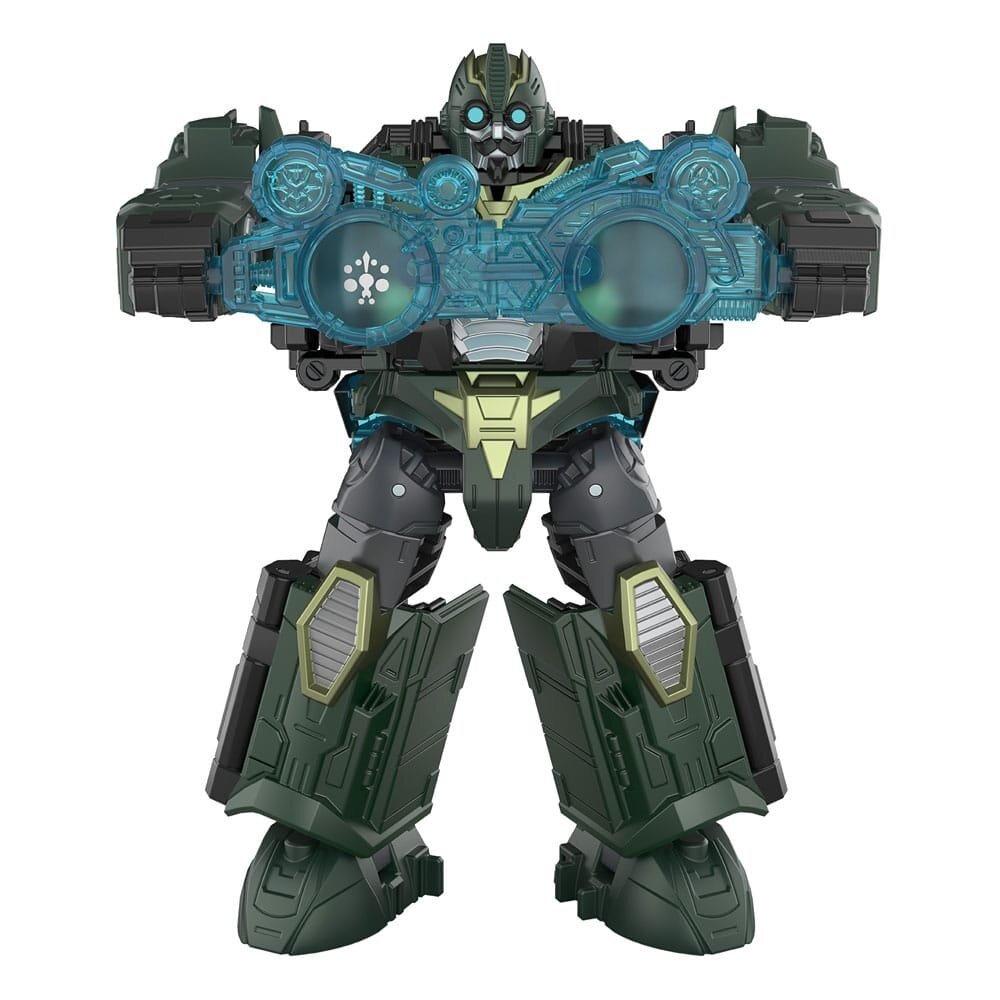 Green and grey Transformers robot holding a glowing blue energy weapon in front of its chest