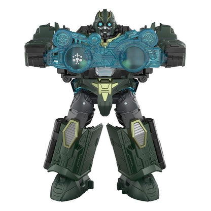 Green and grey Transformers robot holding a glowing blue energy weapon in front of its chest
