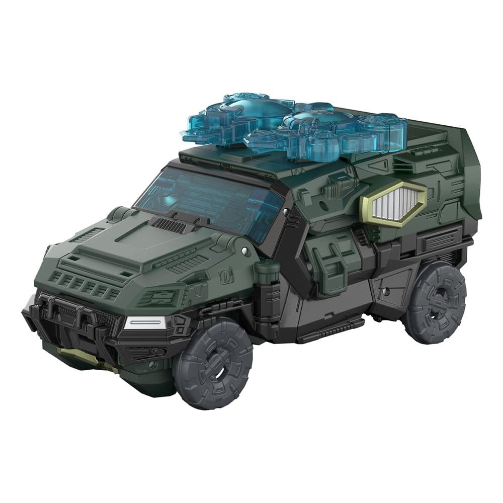 Dark green armored toy vehicle with translucent blue equipment on its roof, viewed from the front-left