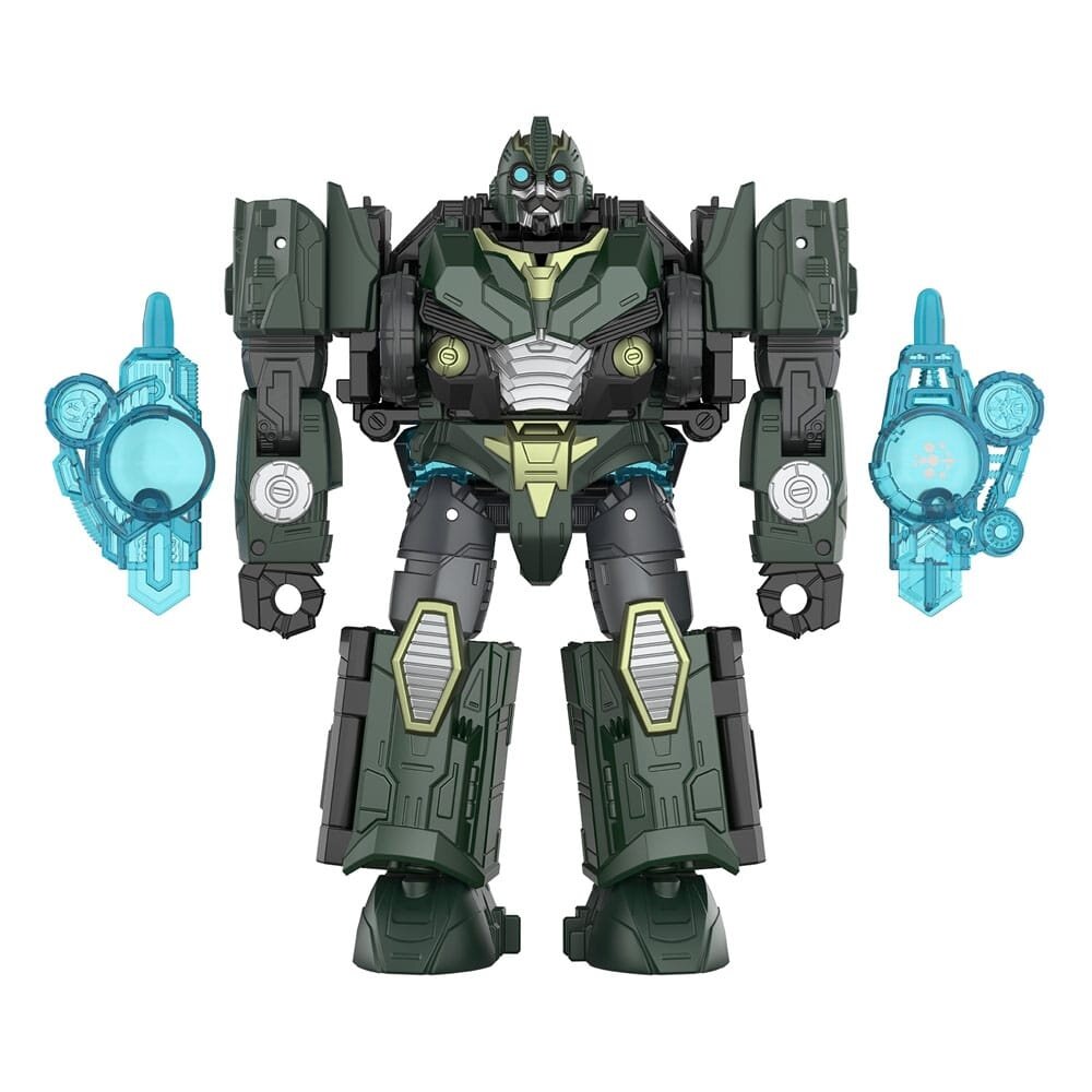A dark green Transformer robot toy with blue eyes stands, flanked by two translucent blue blasters