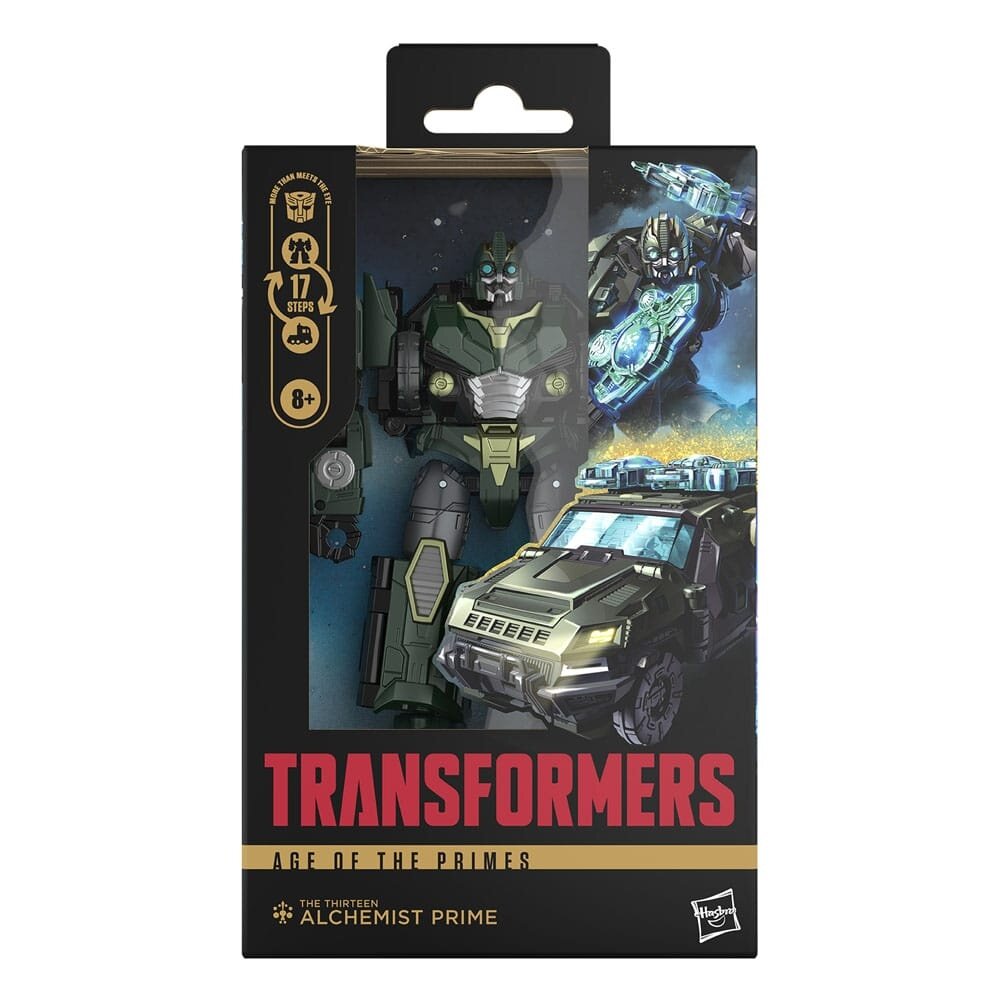 Transformers Alchemist Prime toy package shows the green robot figure and its military SUV mode