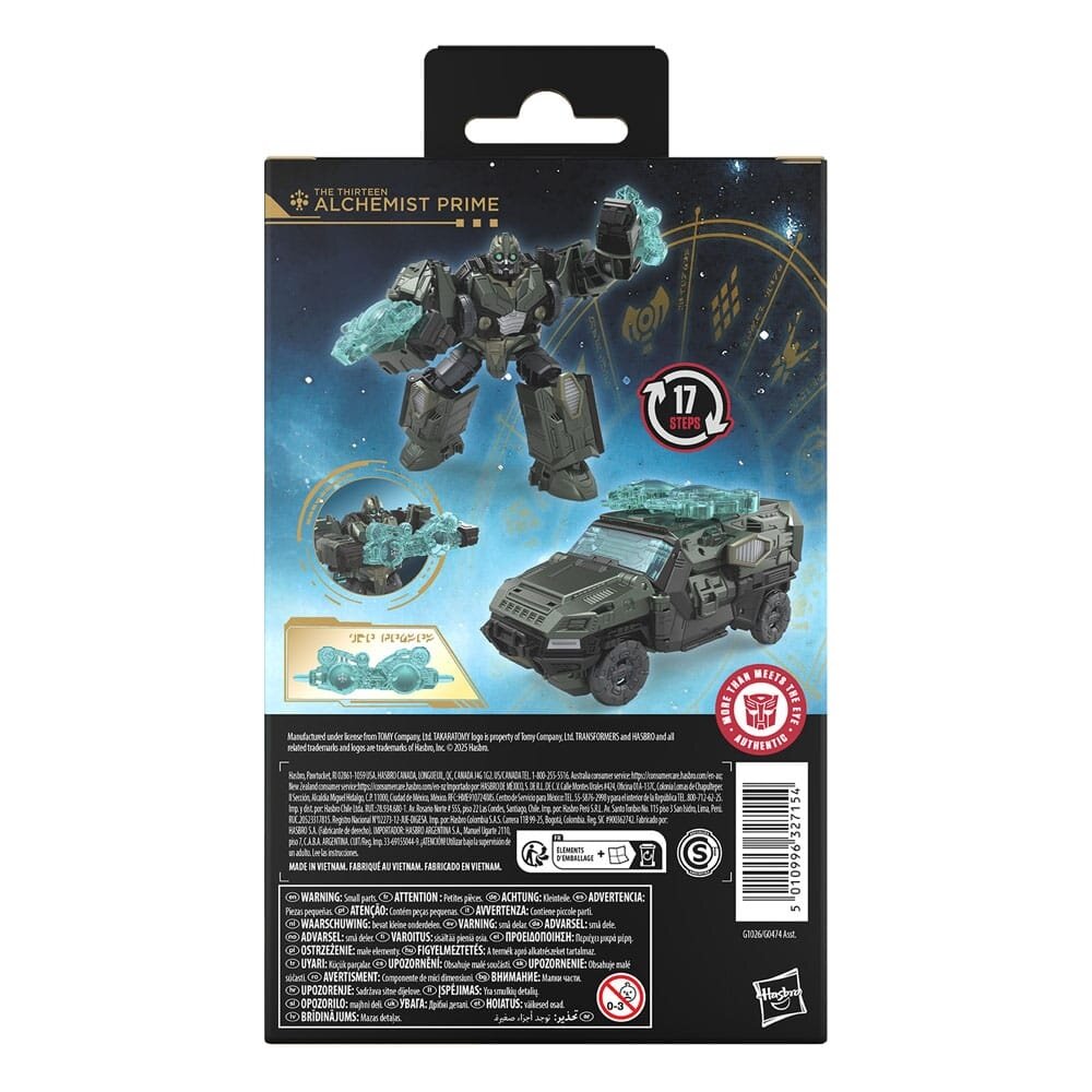 Back of Alchemist Prime Transformers toy box: green robot with glowing weapons transforms into military vehicle (17 steps)