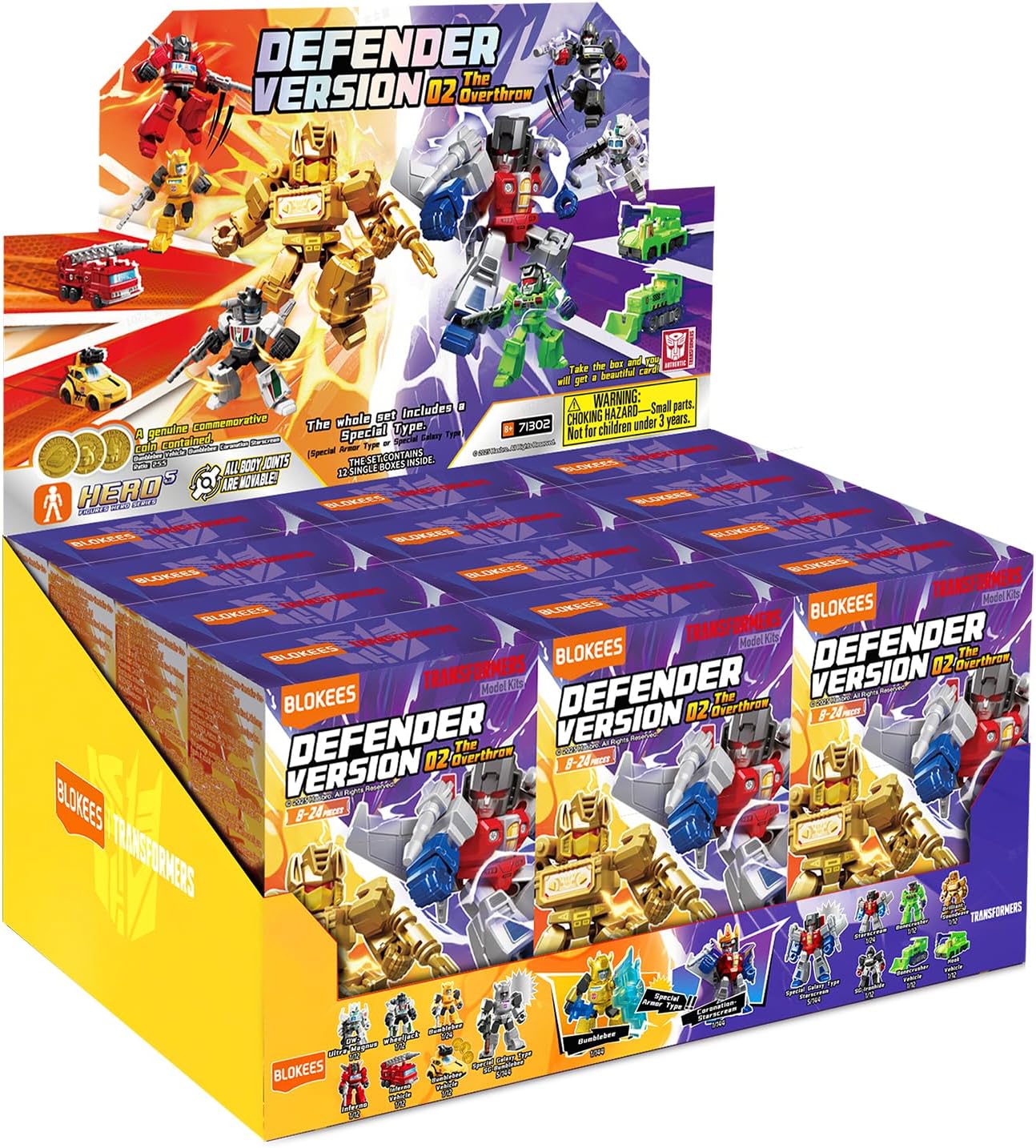 Display box for BLOKEES Transformers "Defender Version 02" model kits, featuring gold, red, and grey robot figures