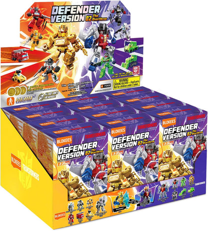 Display box for BLOKEES Transformers "Defender Version 02" model kits, featuring gold, red, and grey robot figures