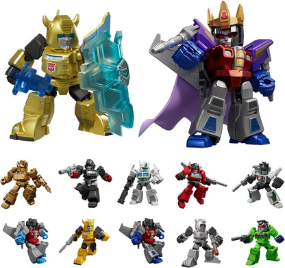 Transformers figures collection. Gold Bumblebee with shield, crowned Starscream, and 9 other colorful mini-bots