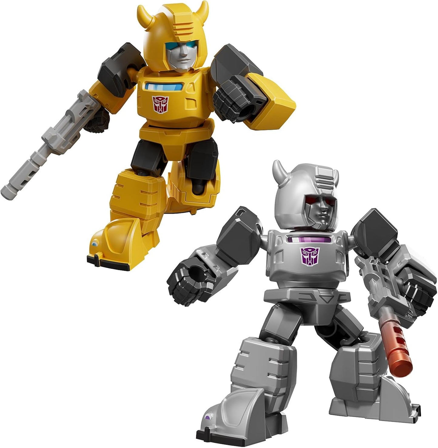 Chibi yellow Bumblebee (Autobot) and silver Megatron (Decepticon) Transformers figures with weapons