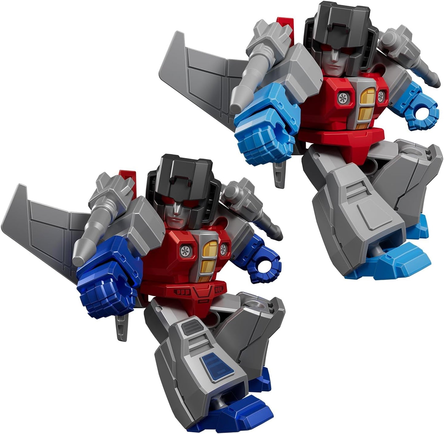 Two identical red, grey, and blue Starscream Transformer figures in dynamic attacking poses