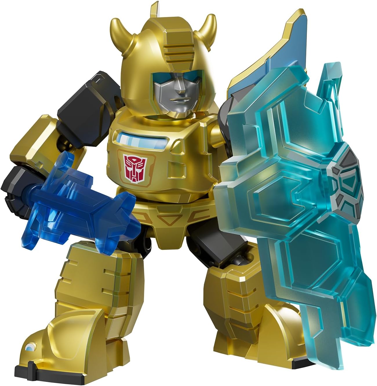 Gold Bumblebee Transformer robot with a blue translucent energy blaster and shield, posed against a white background