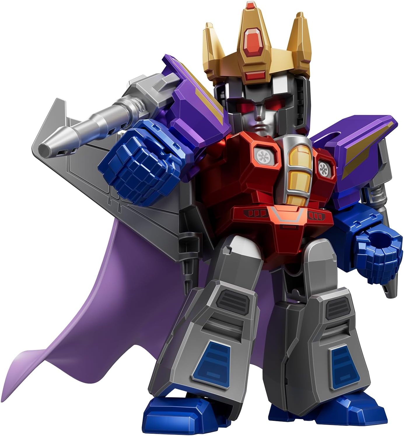 Chibi Starscream robot toy with a gold crown, purple cape, and arm blaster, standing