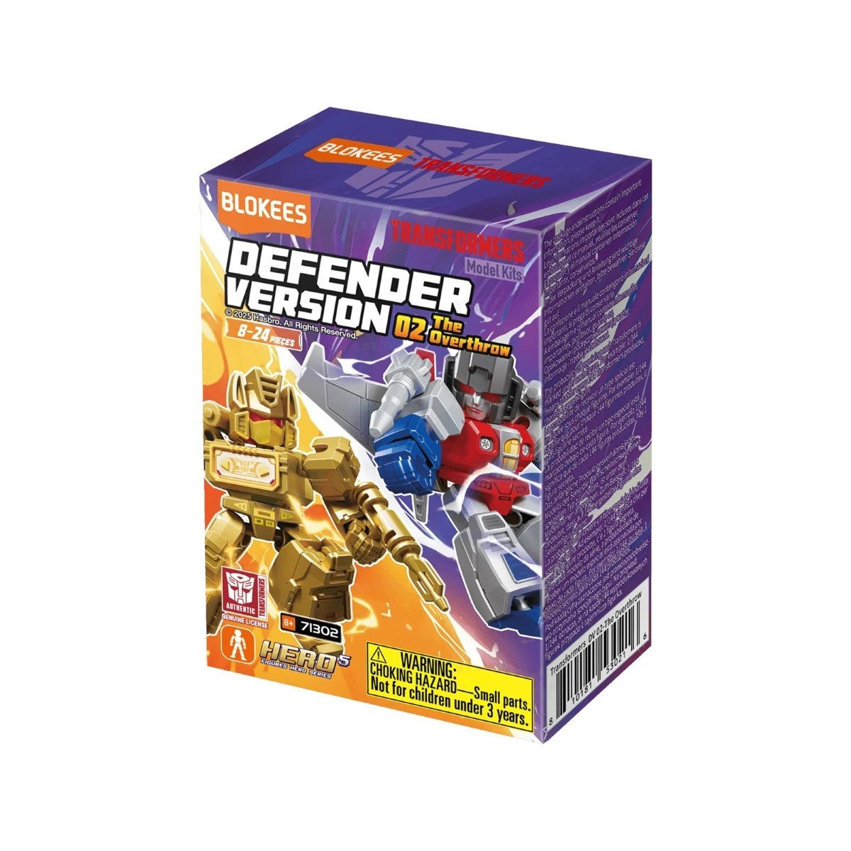 Blokees Transformers "Defender Version 02: The Overthrow" model kit box with dynamic gold and red-blue robot figures