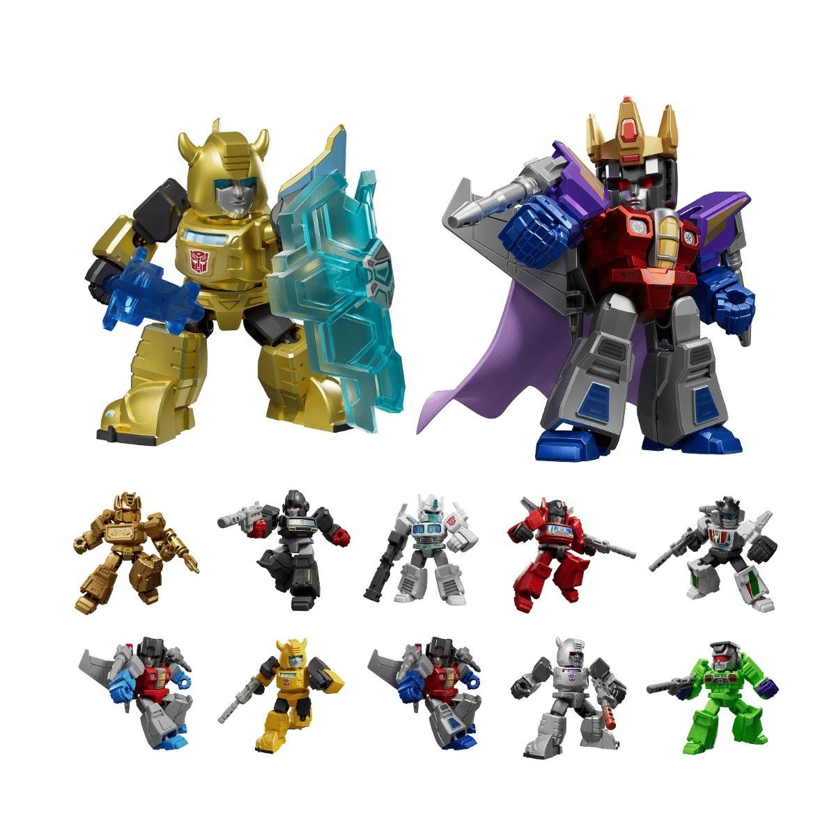 Two large stylized Transformers: a gold Bumblebee with a shield and a crowned Starscream with a cape