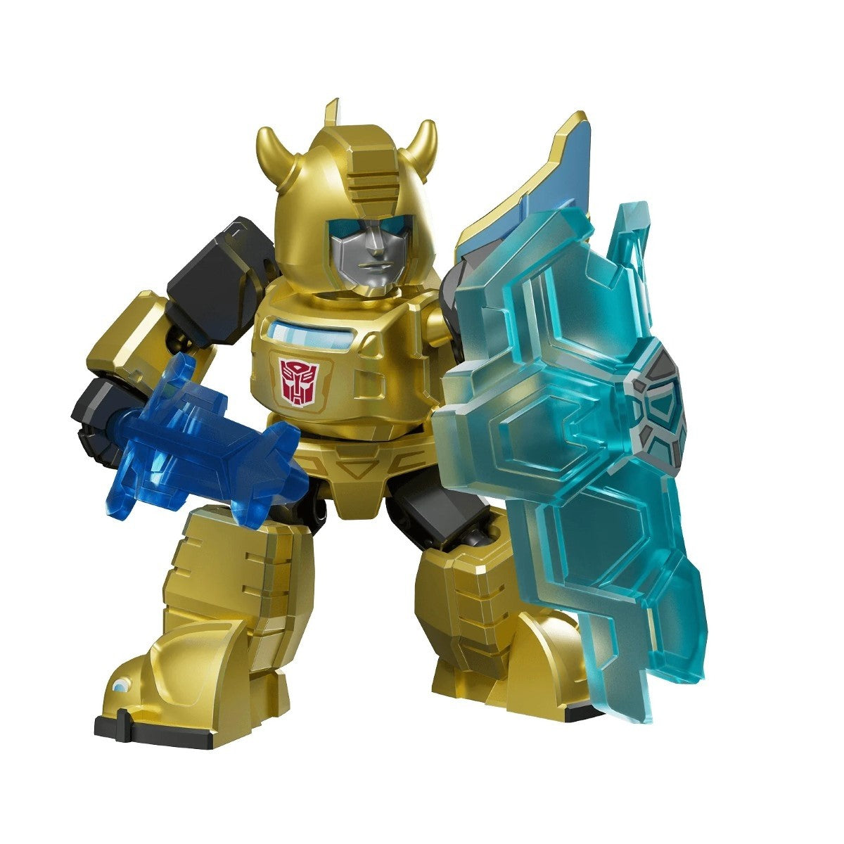 Gold robot with horns and Autobot symbol holds a translucent blue shield and weapon, crouching
