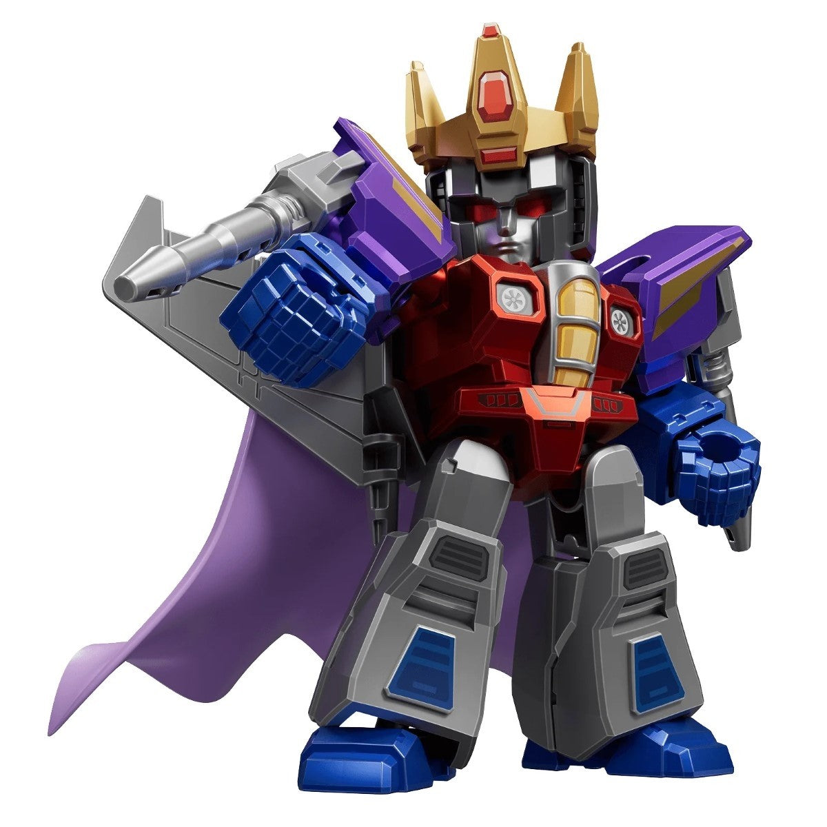 A stylized King Starscream Transformer figure with a gold crown, purple cape, and arm-mounted blaster