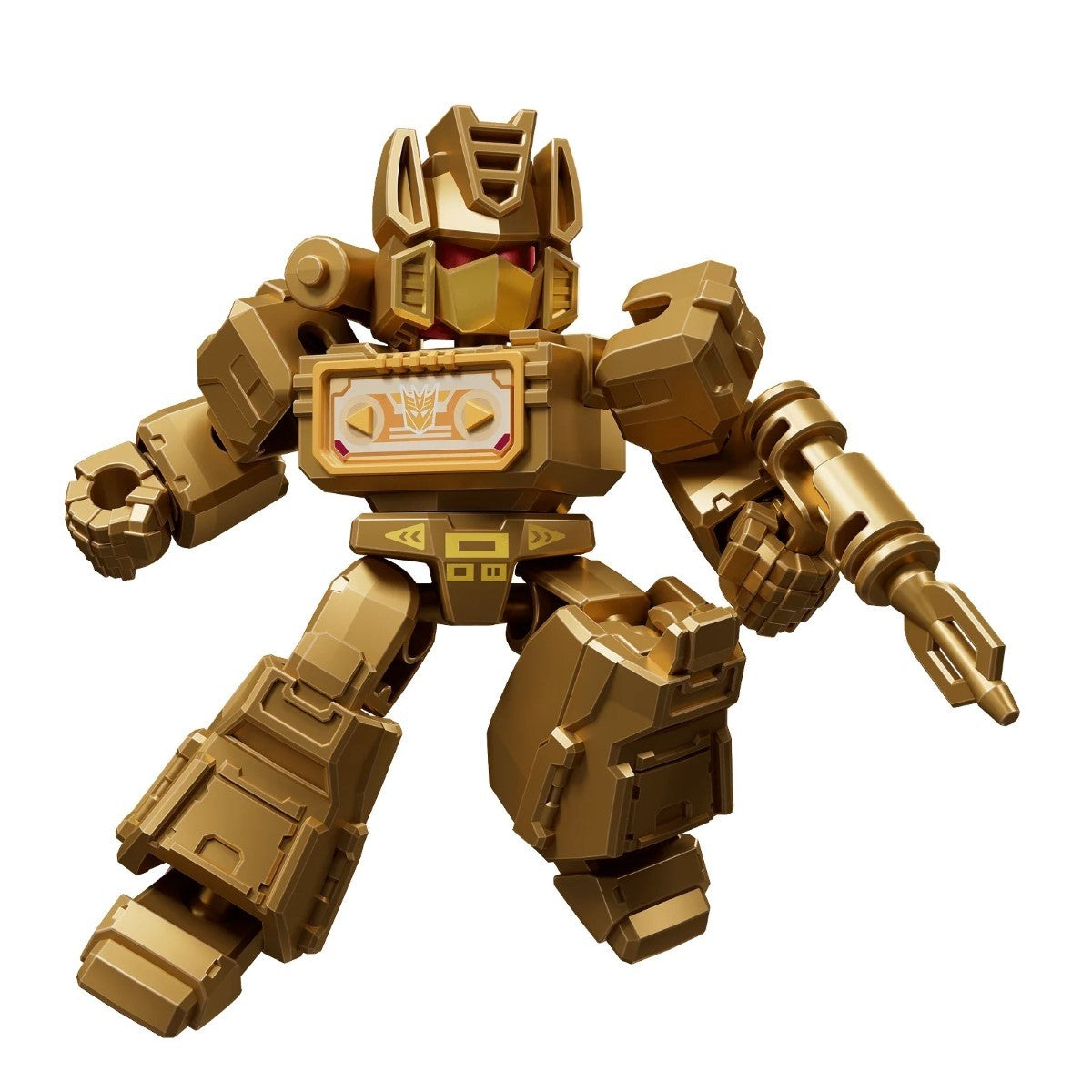 Golden Transformer Soundwave robot with cassette player chest, holding a blaster, in a dynamic pose