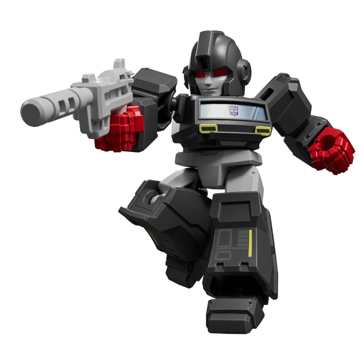 A chibi-style black & gray Autobot robot with red eyes and fists, aiming a gray gun in a dynamic pose