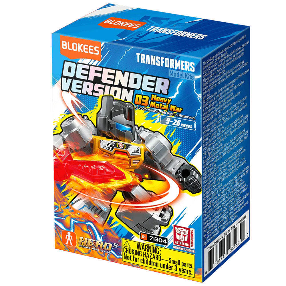 BLOKEES Transformers Defender Version 03 Heavy Metal War model kit box, showing a grey, blue, and red robot with energy effects