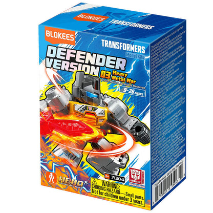 BLOKEES Transformers Defender Version 03 Heavy Metal War model kit box, showing a grey, blue, and red robot with energy effects
