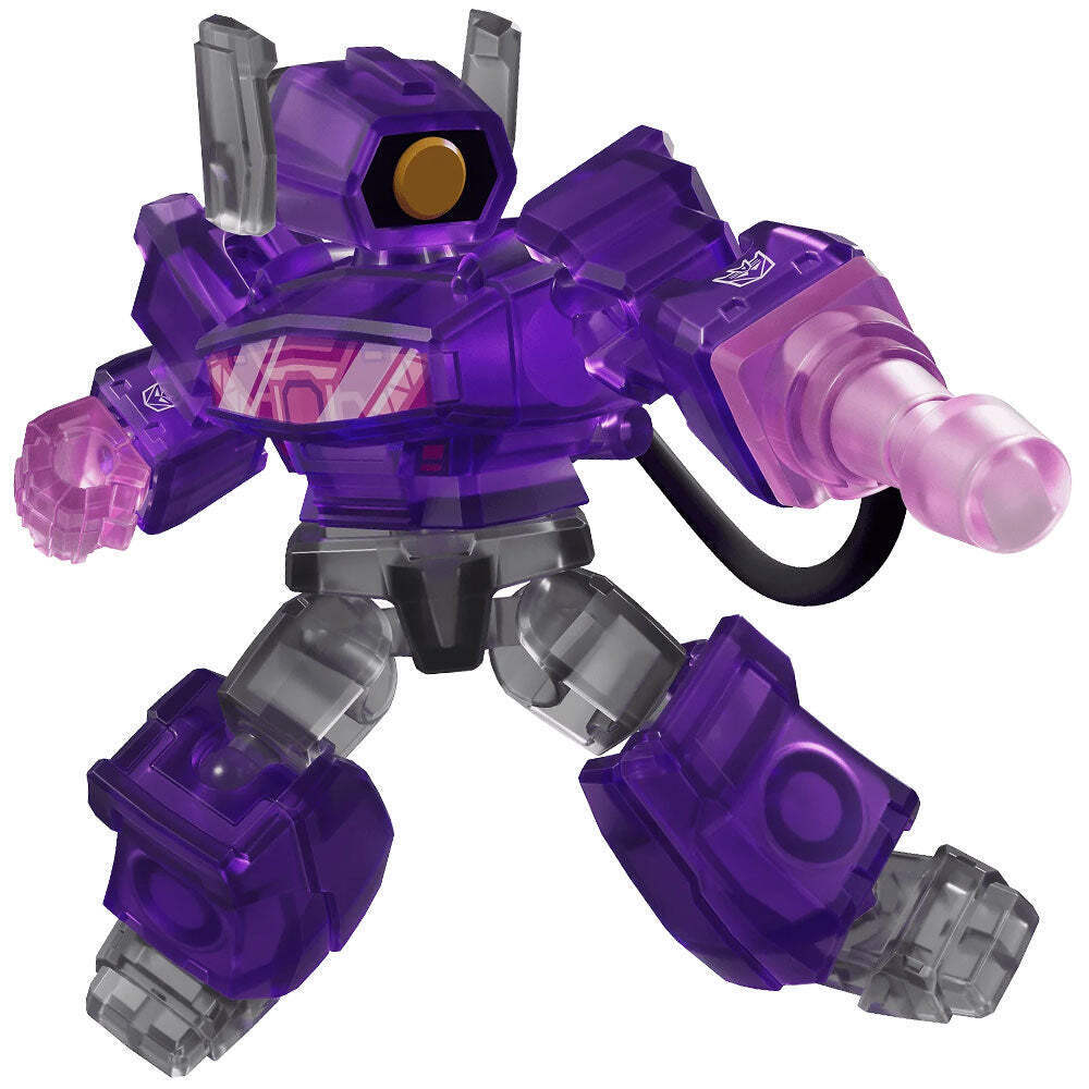 Translucent purple Transformers Shockwave robot figure with clear grey parts, a single yellow eye, and an arm cannon