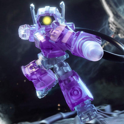 Translucent purple sci-fi robot figure with glowing yellow eye, left fist, and arm cannon in a dynamic action pose