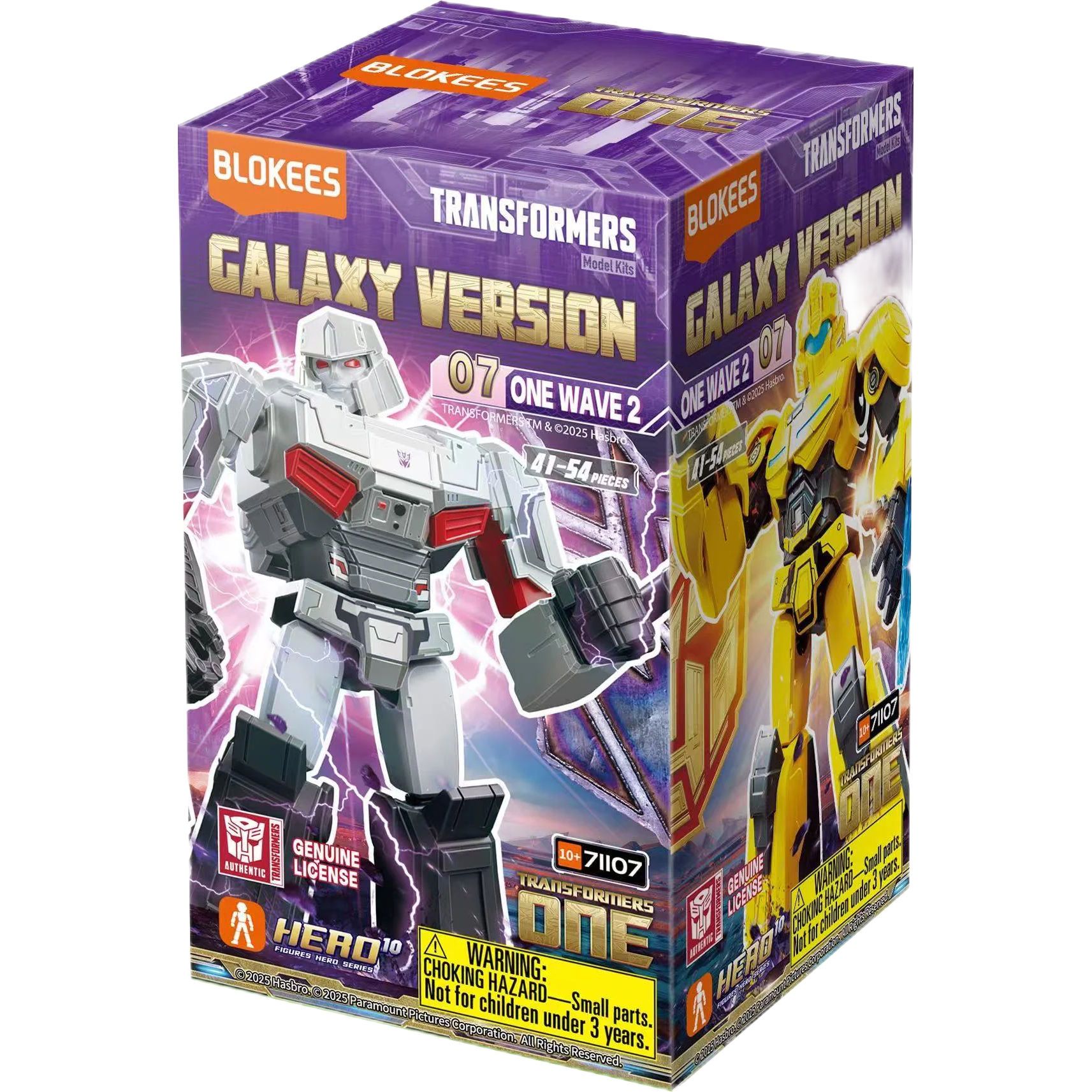 Purple Blokees Transformers Galaxy Version model kit box showing Megatron and Bumblebee figures