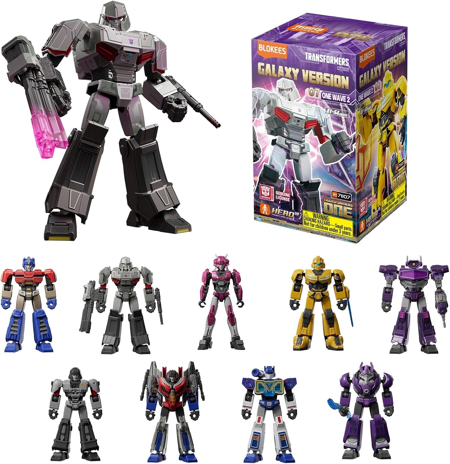 Large Megatron figure with glowing cannon, Blokees Transformers Galaxy Version box, and 8 various robot figures