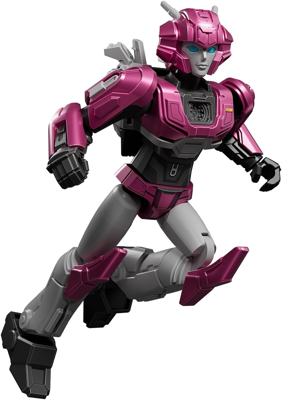Magenta and grey robot with blue eyes in a dynamic running pose