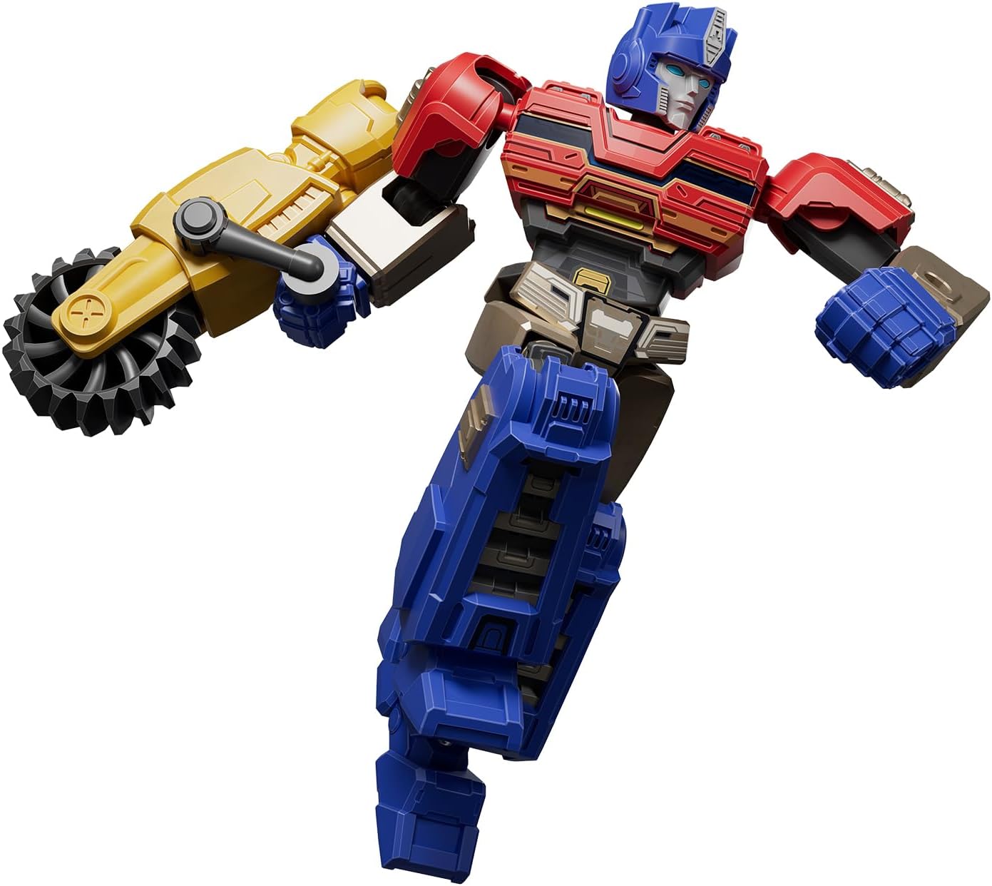 Red and blue Optimus Prime robot in a dynamic pose, wielding a yellow arm cannon with a spiky wheel