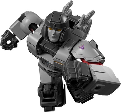 Grey and black Megatron robot with yellow eyes and a Decepticon logo, lunging forward with a clenched fist