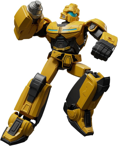 Yellow and black robot with blue eyes, holding an arm-mounted drill cannon, in a dynamic striding pose