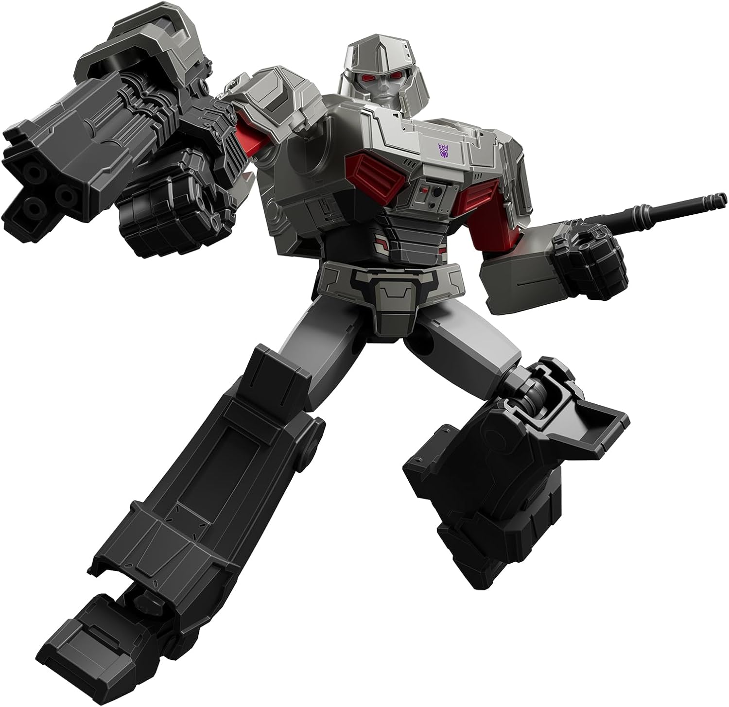 Gray Megatron in an action pose, with red accents and Decepticon symbol, wielding a fusion cannon and a rifle