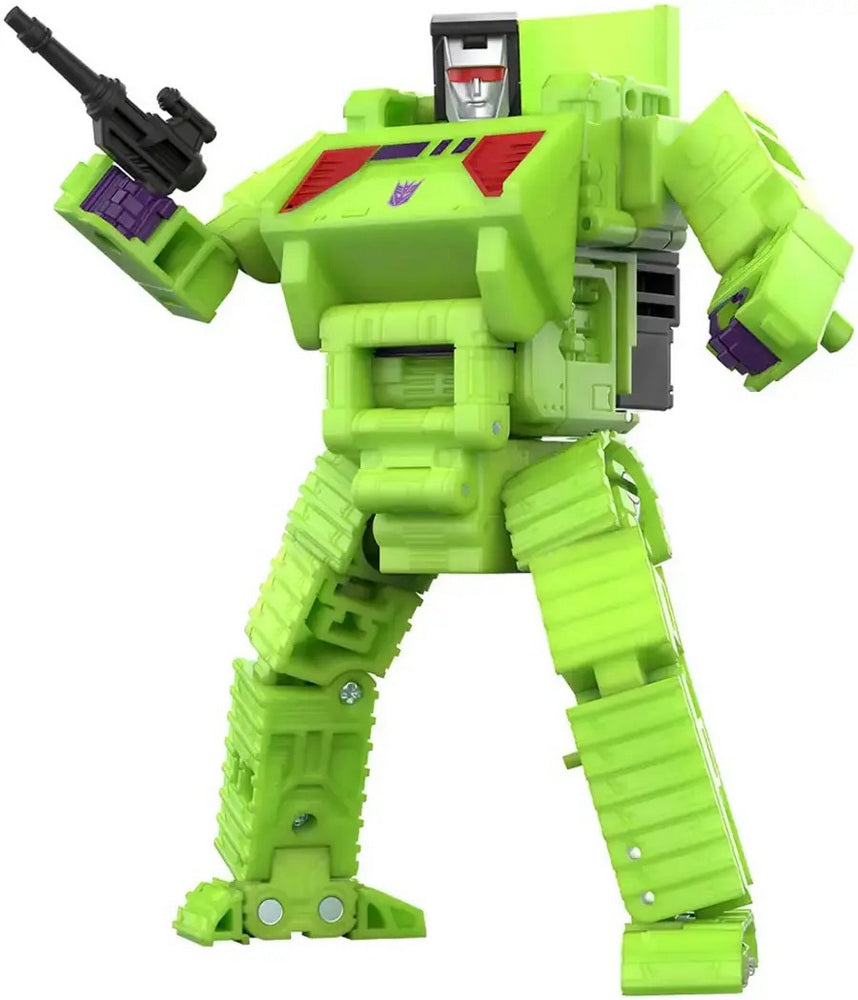 Lime green Decepticon Devastator Transformer robot standing, holding a black gun