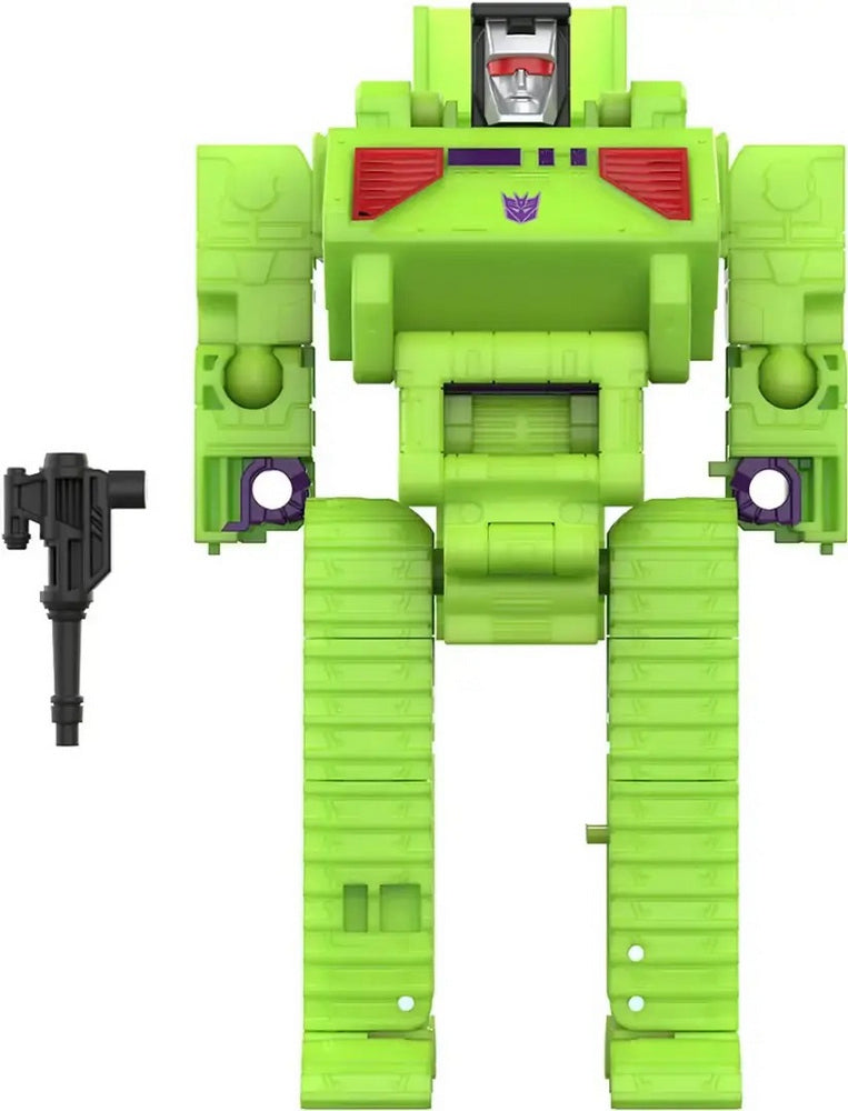 Bright green Transformer toy, silver face with red visor, Decepticon symbol