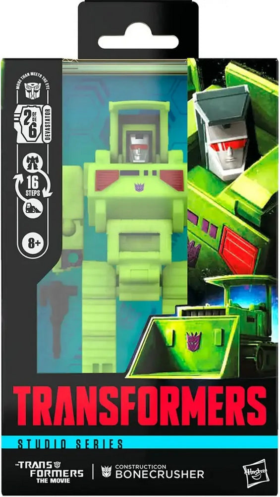 Back of Transformers Constructicon Bonecrusher toy package, displaying the green transforming robot in its vehicle and robot forms