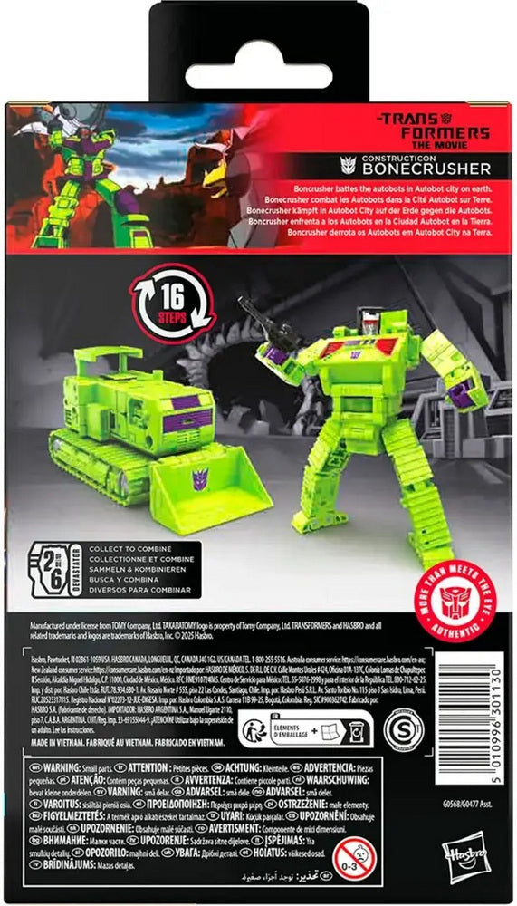 A packaged bright green Transformers Studio Series Constructicon Bonecrusher action figure, showing robot and vehicle modes