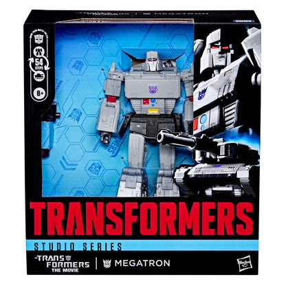 Packaged gray Megatron Transformers Studio Series toy, displaying robot figure and tank mode art.
