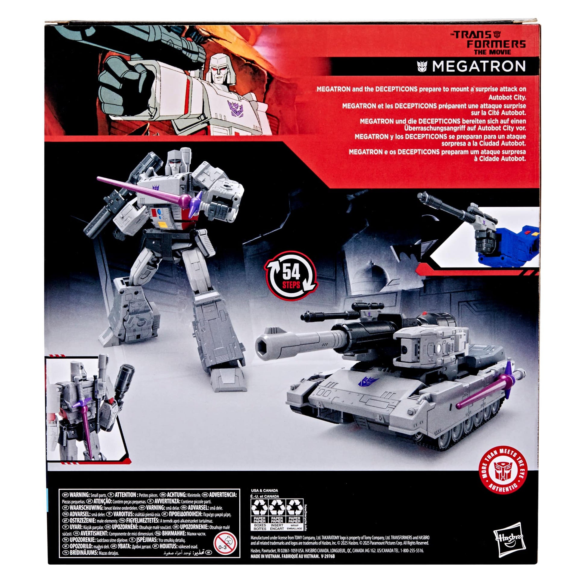 Transformers Megatron toy in robot mode with purple weapon and tank mode, on packaging featuring cartoon Megatron and "54 STEPS."