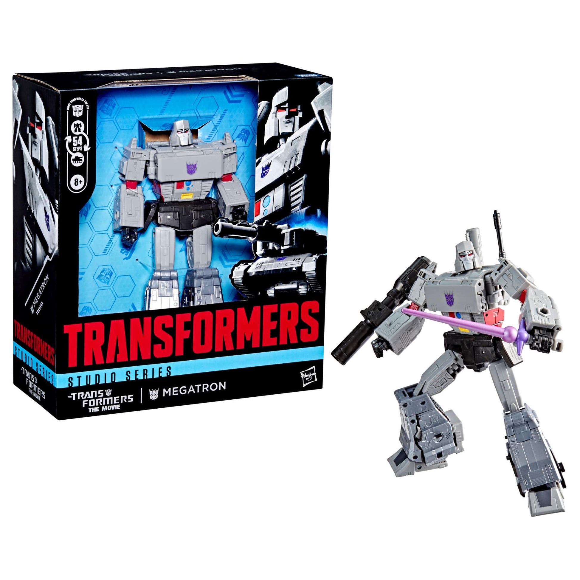 Gray Transformers Studio Series Megatron figure in box and posed with a purple mace